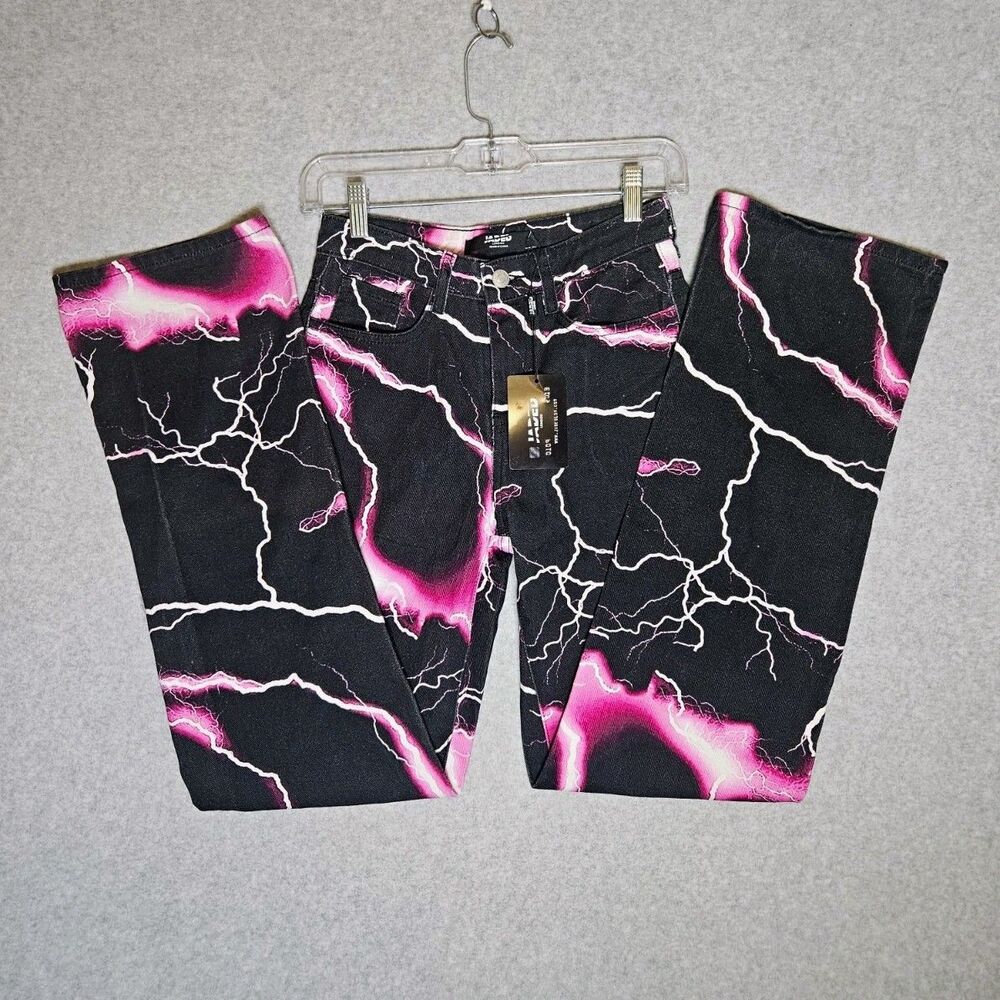 Jaded London Black/Pink Lightning Denim Boyfriend Jeans 5-Pocket Dead Stock NWT